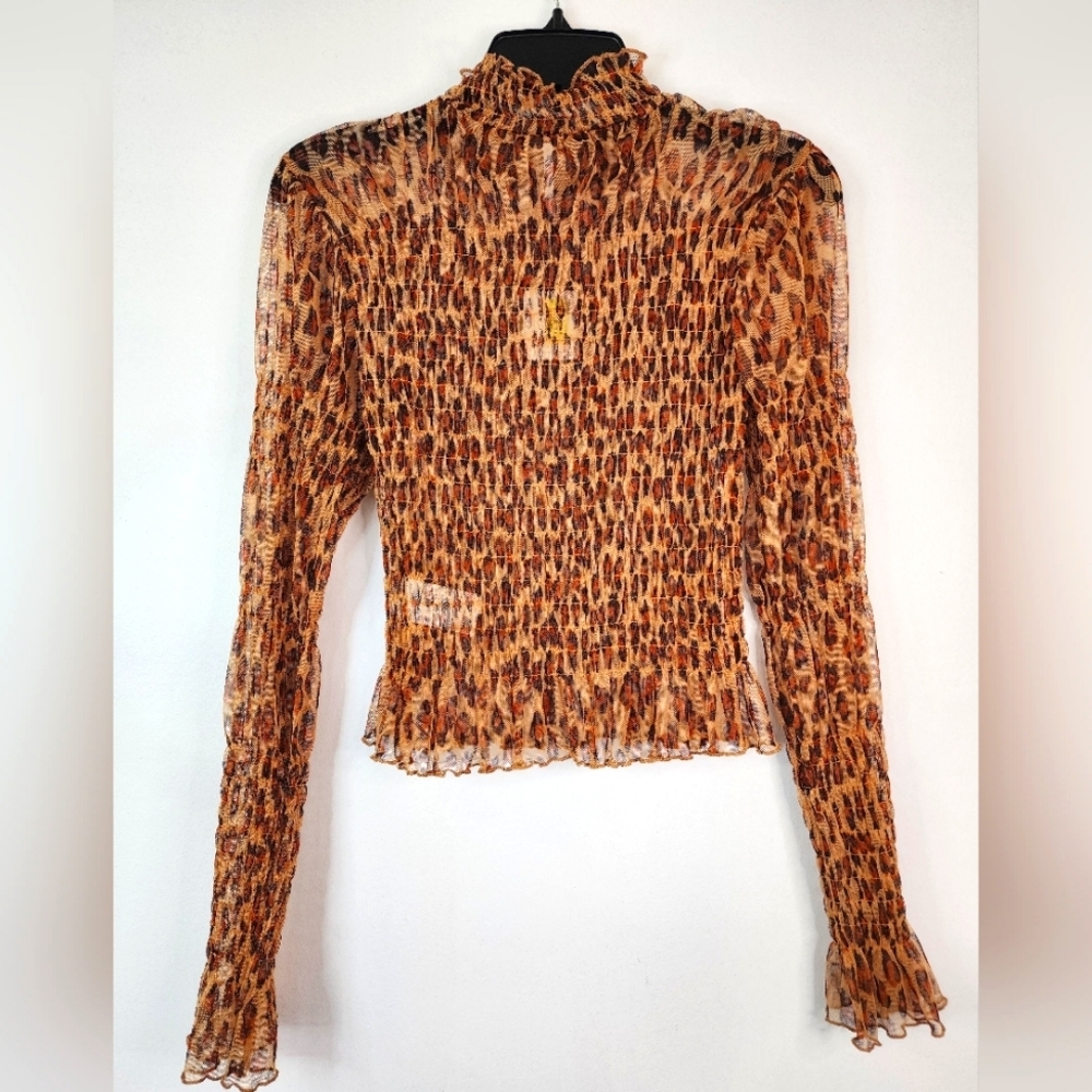 Free People Women's Leopard Print Smock Crop "Hello There" Sheer L/S Top, sz SM - Picture 4 of 12